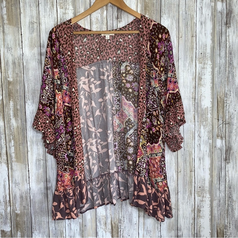 Umgee Mixed Print Floral & Leopard Drape Kimono - image 1